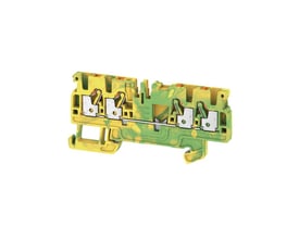 Detaljebillede af Weidmüller A4C 2.5 PE jordklemme med push-in teknologi, der viser de enkelte terminaler og 2.5mm² ledningsstørrelse.