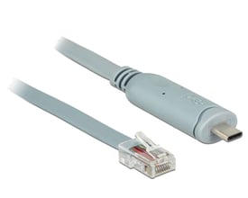 DeLock USB 2.0 TypeC til Serial RS-232 RJ45 adapterkabel på 1 meter i grå farve med tydelige konnektorer.