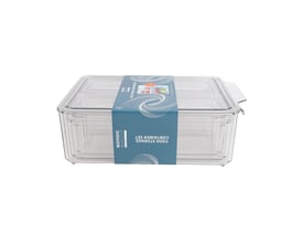 Nordic Quality 7-delt sæt af transparente opbevaringsbokse i BPA-fri PET plast, vist fra forsiden.