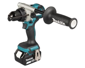 Makita DHP492Z 18V slagboremaskine med frontgreb, vist med batteri og fokus på 21 momentindstillinger og 2 gear.