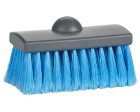 Nærbillede af Vikan vaskebørste 150mm i blå med fokus på de bløde, spaltede børstehår og vandgennemløbsfunktionen.