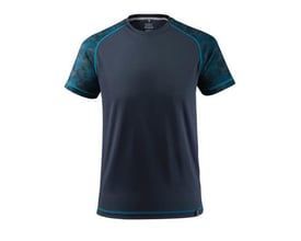 Mascot t-shirt i mørk marineblå med blå mønstrede ærmer og lyseblå syninger på kraven og bunden.