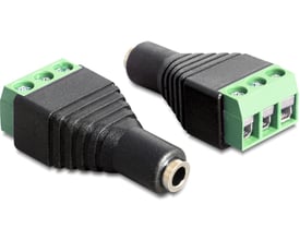 To Delock stereo adaptere med 3,5mm hun og 3-pins terminalblok, sort/grønne. En adapter er set forfra, den anden fra siden.