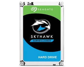 Seagate SkyHawk Surveillance 1 TB 3,5" SATA harddisk med grøn, sort og blå label, ideel til overvågningssystemer.