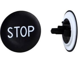 Schneider Electric trykflade med sort baggrund og hvidt STOP-symbol samt en krombelagt metalfrontring Ø 22 mm.