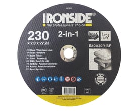 Ironside 2-in-1 skæreskive til stål og rustfrit stål med sort overflade, gul kant og centralt hul, set forfra.