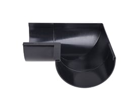 Plastmo indvendig 90° gering til 10" sort tagrende, fremstillet af holdbart plast, vist isoleret på hvid baggrund.