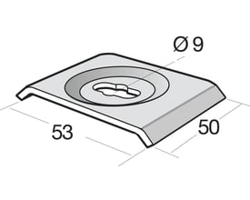Skematisk tegning af Legrand Spændeplade CE 40 PG med dimensioner 53x50 mm og hul på Ø9 mm.