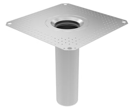 Blücher underdel til tagafløb med 400x400mm tagpap-flange og lodret ø110mm udløb i syrefast rustfrit stål.