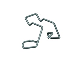 Legrand clips til låg CP 02-G, en enkelt galvaniseret stålclips isoleret på hvid baggrund, vist fra en vinkel.