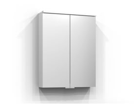 Svedbergs Sarek spejlskab i hvid, 55cm bredt med dobbeltdøre og integreret LED-lys, monteret på hvid væg.