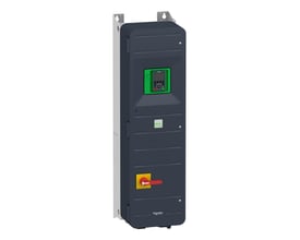 Schneider Electric Altivar Process frekvensomformer 55kW, 3x400V, IP55, med indbygget rød afbryder og grønt kontrolpanel.