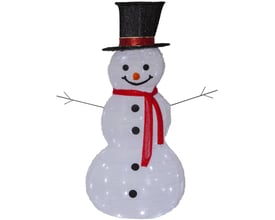 120 cm høj Star Trading Tecidy snemand med LED-lys, sort top, rød halstørklæde og sorte knapper, præsenteret på en hvid baggrund.