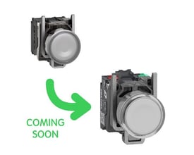 To komplette Schneider Electric lampetryk med hvid trykflade og 24V LED, vist i to vinkler med pil og 'Coming Soon' tekst.