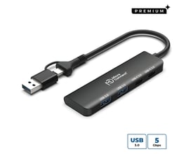 Sort MicroConnect Premium USB-hub med fire porte, to USB-A og to USB-C, samt kort kabel og 5 Gbps.