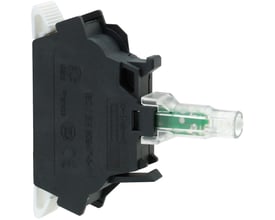 Nærbillede af Schneider Electric ZBVB15 lysmodul, der viser mærkat med produktinformation og IEC/EN 60947-5-1 standard, samt push-in klemme.