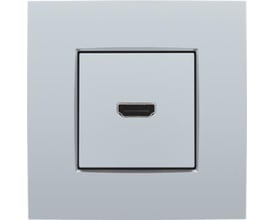 Niko HDMI udtag i sterling farve med monteringsramme og tydeligt synligt HDMI-stik for nem tilslutning.