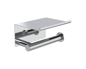 Forkromet LAUFEN Niara toiletpapirholder med låg og bagplade, vist skråt forfra med låget som hylde.
