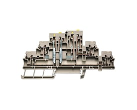 Detaljeret billede af Weidmüller ZDTR 2.5 skilleklemme, beige, med fokus på de 4 fjederterminaler og 2.5mm² kapacitet.