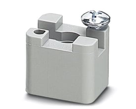 Detaljeret vinkel af grå Phoenix Contact montagebuk AB/SS, med synlig låseskrue og spor til samleskinne.