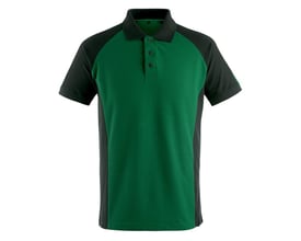 Mascot tofarvet poloshirt i grøn og sort, model Bottrop 50569961, med stolpelukning og ribkant ved ærmer og krave.