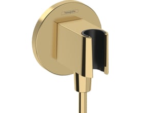 Hansgrohe FixFit S slangeudtag med bruserholder i poleret guld, med logo på den runde roset.
