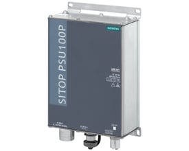 Siemens SITOP PSU100P IP67 strømforsyning med 120/230 V AC input og 24 V DC/8 A output, med M12 L-kodet stik.