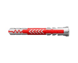 Fischer DUOPOWER dybel i grå/rød nylon, 10 x 80 mm, der viser den tofasede funktion og ekspansionsteknologi.