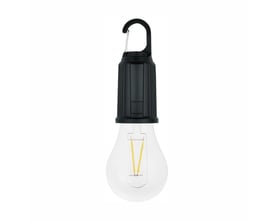 SpectrumLED Lumo LED-solcellelampe med sort ophæng og synlig pære, vist forfra på lys baggrund.