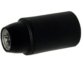 Sort E14-fatning fra Teknisk Belysnings Industri med 10 mm gevind, set skråt fra siden med gevindåbningen synlig.