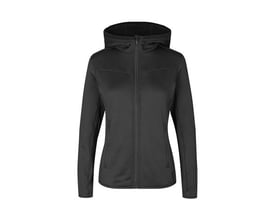 Sort ID Identity dame cardigan i str. 4XL med hætte og YKK lynlås foran samt sidelommer.