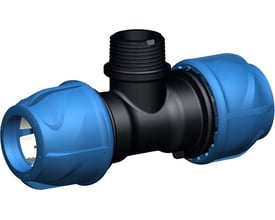 Georg Fischer iJOINT tee fitting i sort plast med blå kompressionskoblinger og udvendigt gevind. Størrelse 63 x 1½" x 63 mm.