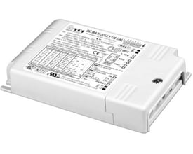 Hvid TCI MAXI JOLLY SV DALI LED-driver på 40 W med mærkat på oversiden og tilslutninger i enderne.