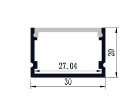 Tvٗrsnit af ALL-Light Alu profil 3020 med mål angivet; 30mm bredde, 20mm højde og 27.04mm indvendig bredde.