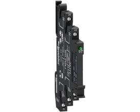Schneider Electric Zelio RSL Slim relæ med sokkel, 12 VAC/VDC og 6A mærkekapacitet, vist på hvid baggrund.