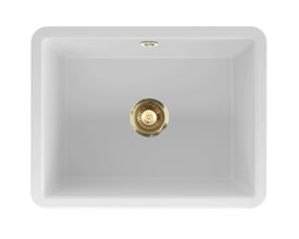 Lavabo Mataro II hvid keramik køkkenvask med PVD messing afløb og overløb monteret i vasken.