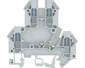 Wieland etageklemme i grå plast med skruetilslutning til 2,5 mm² ledere, fremstillet af holdbart polyamid.