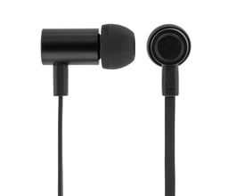 Sort STREETZ in-ear-headset med mikrofon og multiknap, vist tæt på med ørepropperne set fra siden og forfra.
