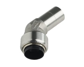 Roth 45 graders vinkel for 28mm rør i rustfrit stål AISI 316 med blank overflade og indstik.