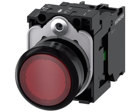 Siemens 22mm rund, rød, oplyst trykknap i plast med 1NO kontakt og skrueterminal til 24V.