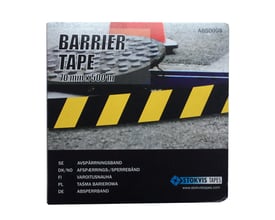 Emballagen til Stokvis afspærringsbånd viser gul-sorte striber samt målene 70 mm x 500 meter.