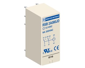 Telemecanique RSB 2A080JD 12VDC 8A 250VAC relæ med tydeligt diagram og CE, cULus mærkning.