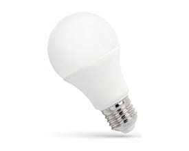 SpectrumLED A60 LED-pære med hvid, rund skærm og E27-fatning, vist skråt fra siden.