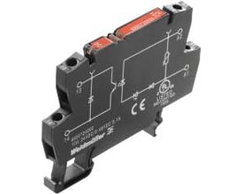 Weidmüller TERMOPTO optokobler relæ med skrueterminaler, 24VDC/48VDC, 0.5A, med diagram på sort hus.