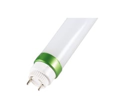LEDlife T8-ULTRA LED-lysstofrør på 1500 mm og 25 W med hvidt rør, grøn ring og synlige stikben.