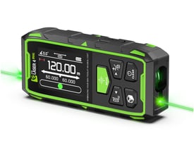 Nærbillede af Elma Laser 4 Dual afstandsmålerens digitale display og knapper, med tydelig grøn laserstråle fra fronten.