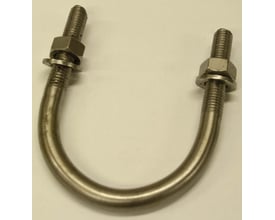 U-bolt M12 x 75 x 100 mm, fremstillet af metal, med gevind i begge ender og to møtrikker samt spændeskiver monteret.