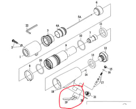 Eksploderet tegning af nålehammer FLEX-28, viser alle dele nummereret og adskilt, med fokus på håndtag 19 og trigger 20.