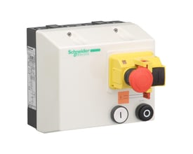 Schneider Electric motorstarter, 1,5kW, 400VAC, IP65, med gul drejekontakt og rød nødstopknap på hvidt kabinet.