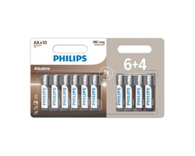 Philips Tech alkaline batterier i AA LR6 Micro størrelse, 10 stk pakke med 6+4 gratis til langvarig strøm i hverdagsenheder.